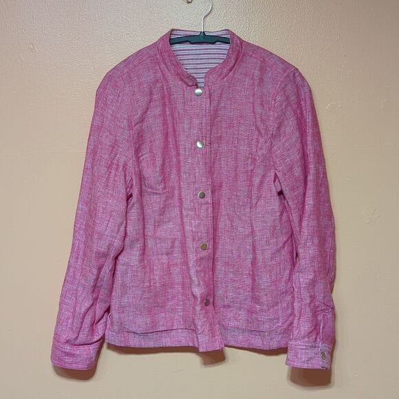 Chico’s Reversible Pink Railroad Striped To Solid Linen Jacket sz 1 Medium - Picture 1 of 10